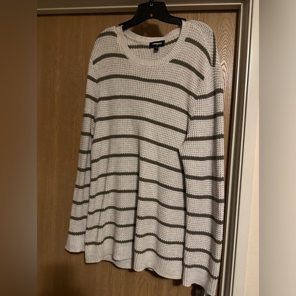 Express Large knit sweater, white with green horizontal stripes